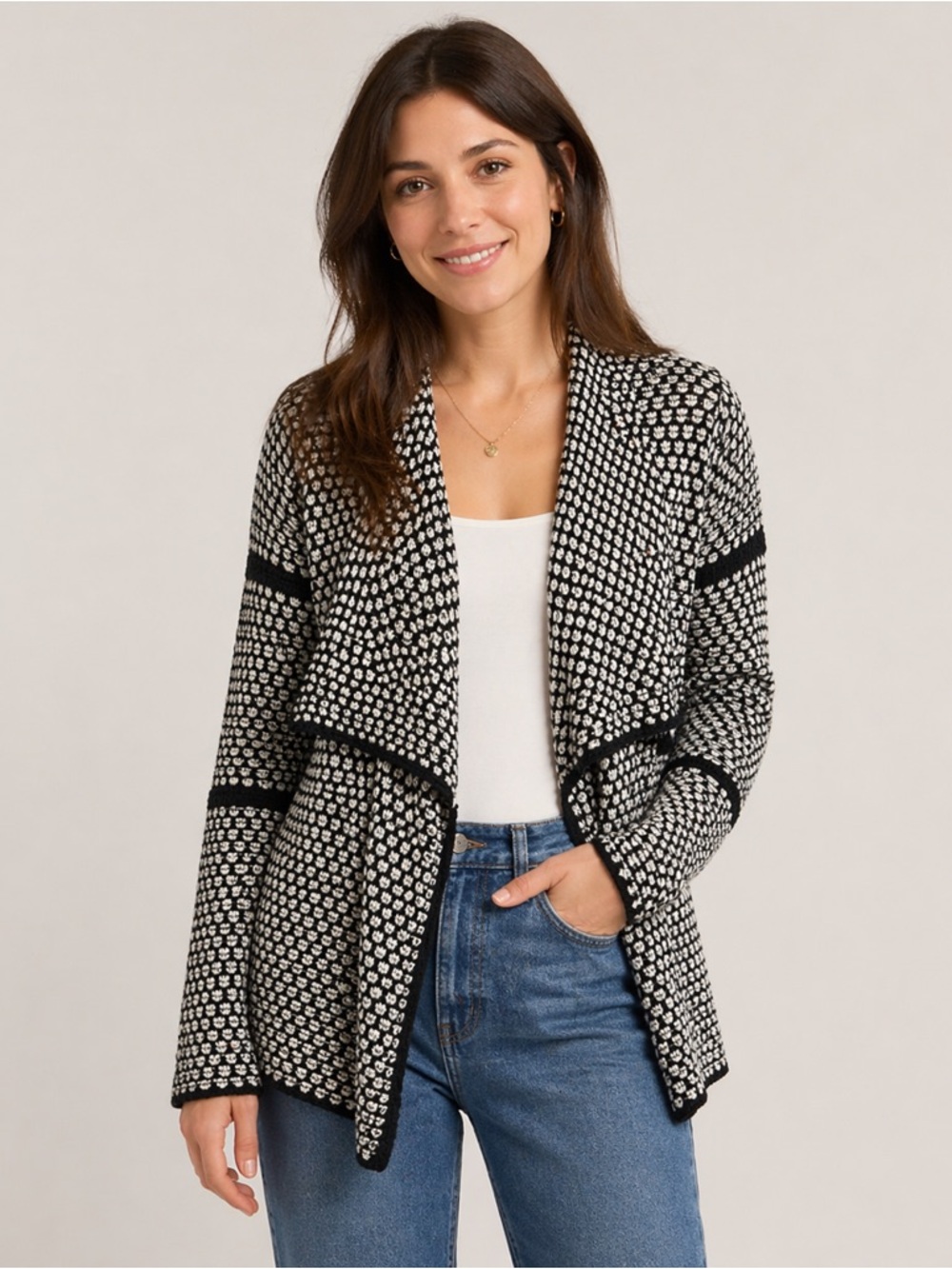 Maurices Black and White Textured Open-Front Cardigan 2 (2x)